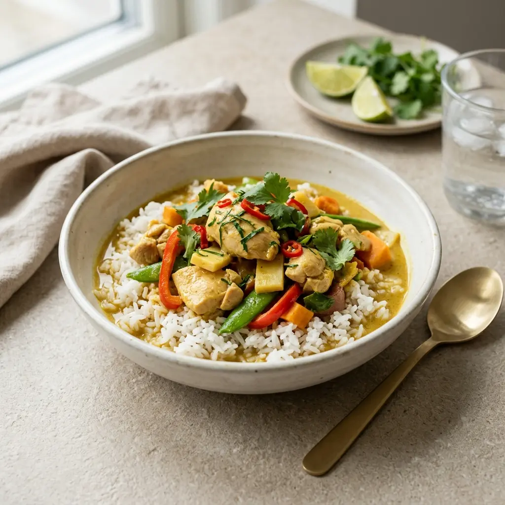 Nylaget kylling i gul karri servert på en appetittlig og hjemmelaget måte