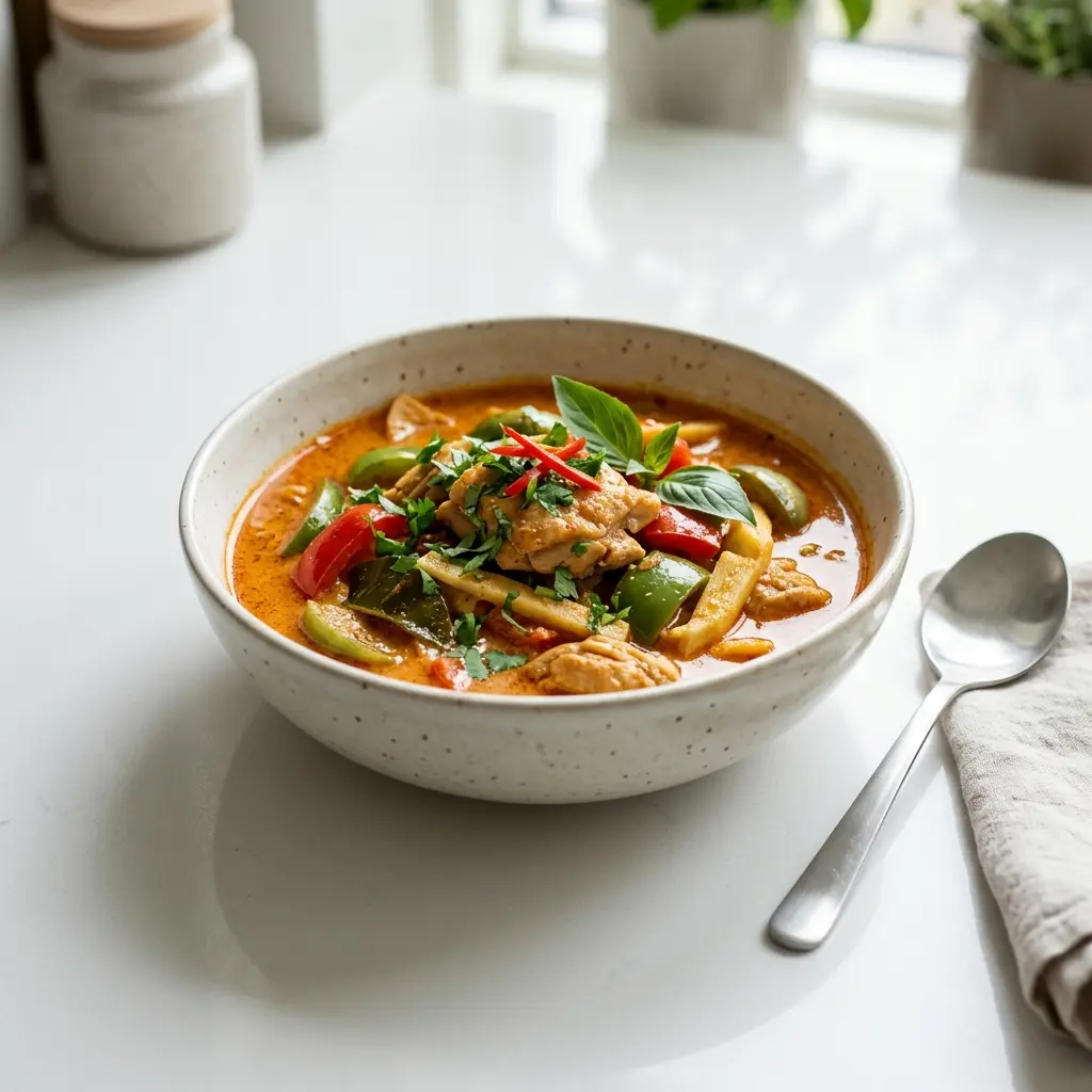 Nylaget kylling i rød karri servert på en appetittlig og hjemmelaget måte