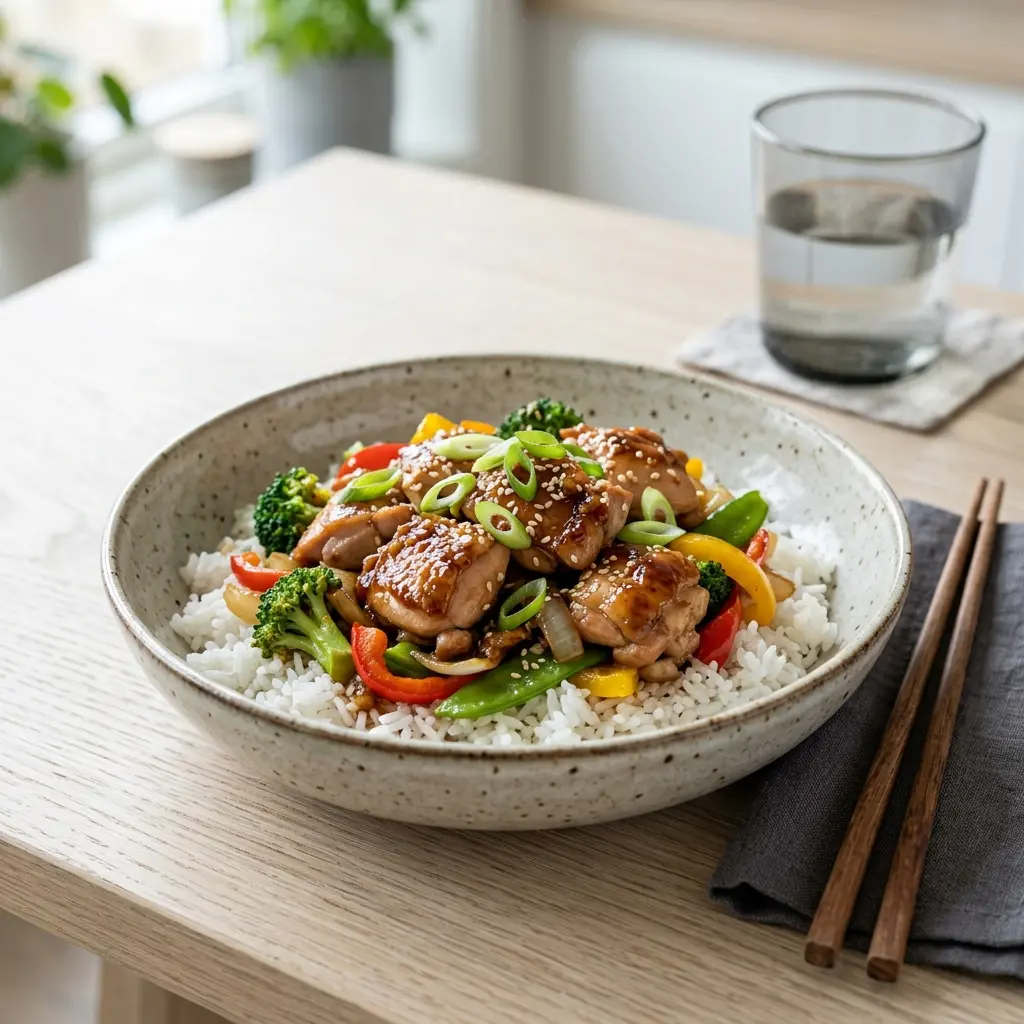 Nylaget kylling i teriyaki servert på en appetittlig og hjemmelaget måte