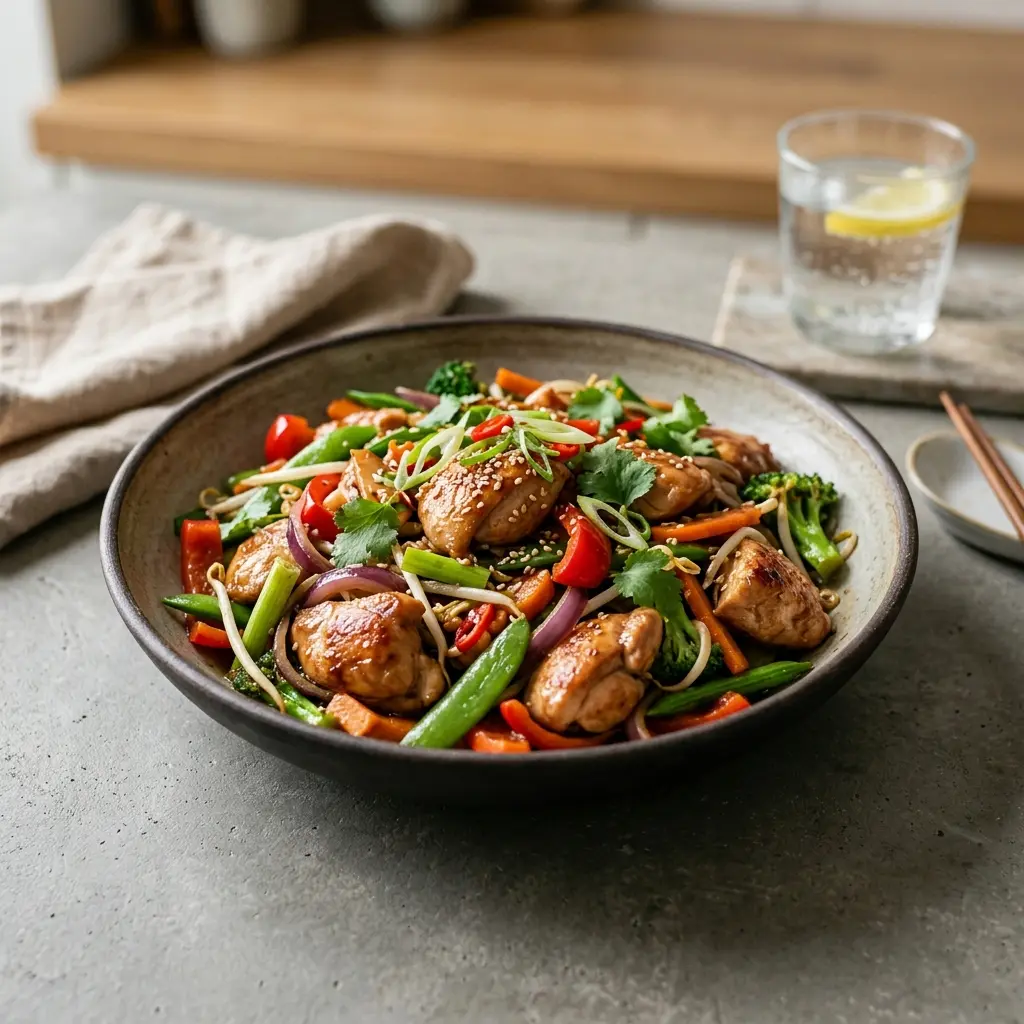 Nylaget kylling i wok servert på en appetittlig og hjemmelaget måte