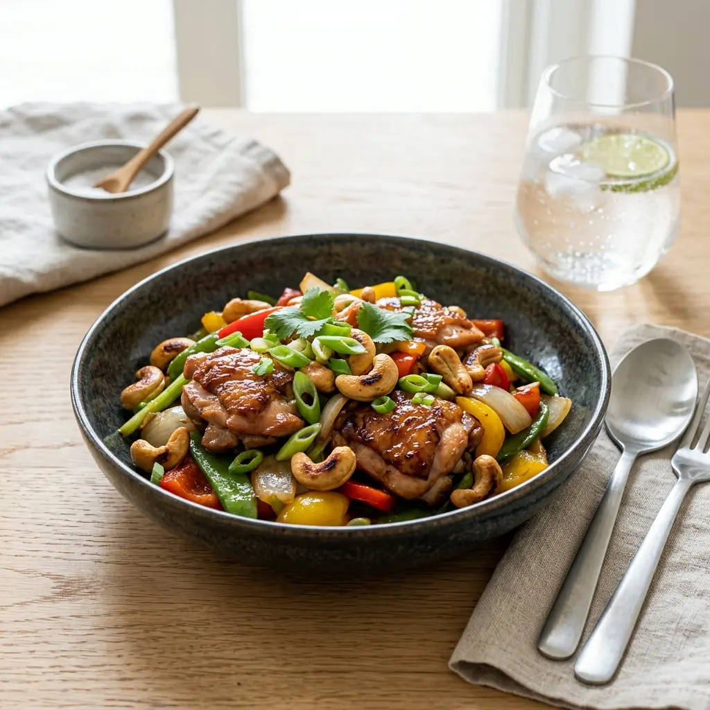 Nylaget kylling med cashewnøtter servert på en appetittlig og hjemmelaget måte