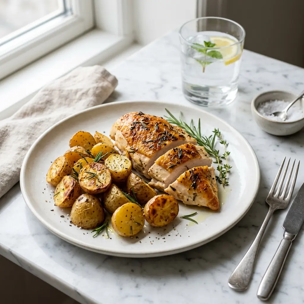 Nylaget kylling med ovnsbakte poteter servert på en appetittlig og hjemmelaget måte