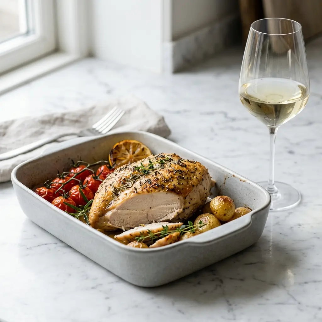 Nylaget kyllingbryst i ovn servert på en appetittlig og hjemmelaget måte