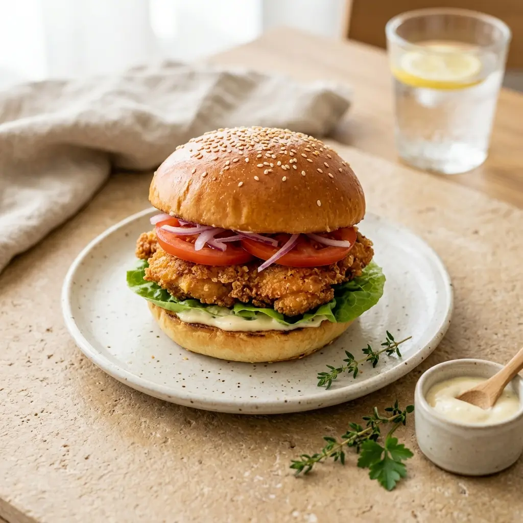 Nylaget kyllingburger servert på en appetittlig og hjemmelaget måte