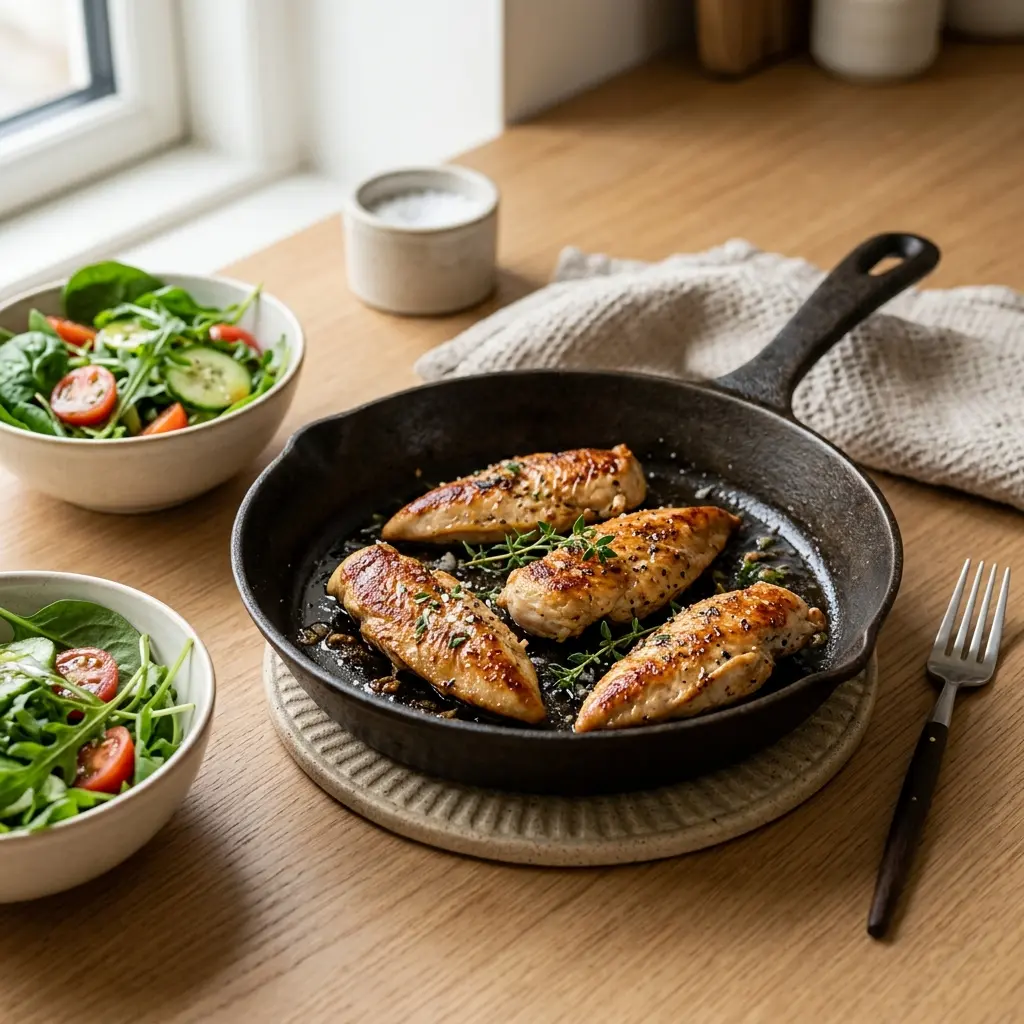 Nylaget kyllinginnerfilet i stekepanne servert på en appetittlig og hjemmelaget måte