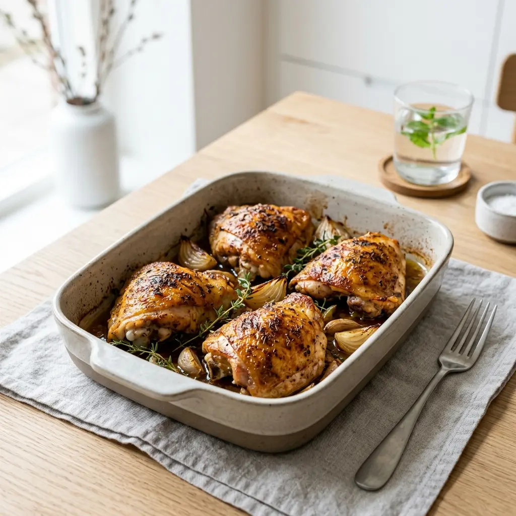 Nylaget kyllinglår i ovn servert på en appetittlig og hjemmelaget måte