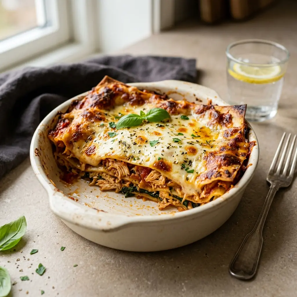 Nylaget kyllinglasagne servert på en appetittlig og hjemmelaget måte