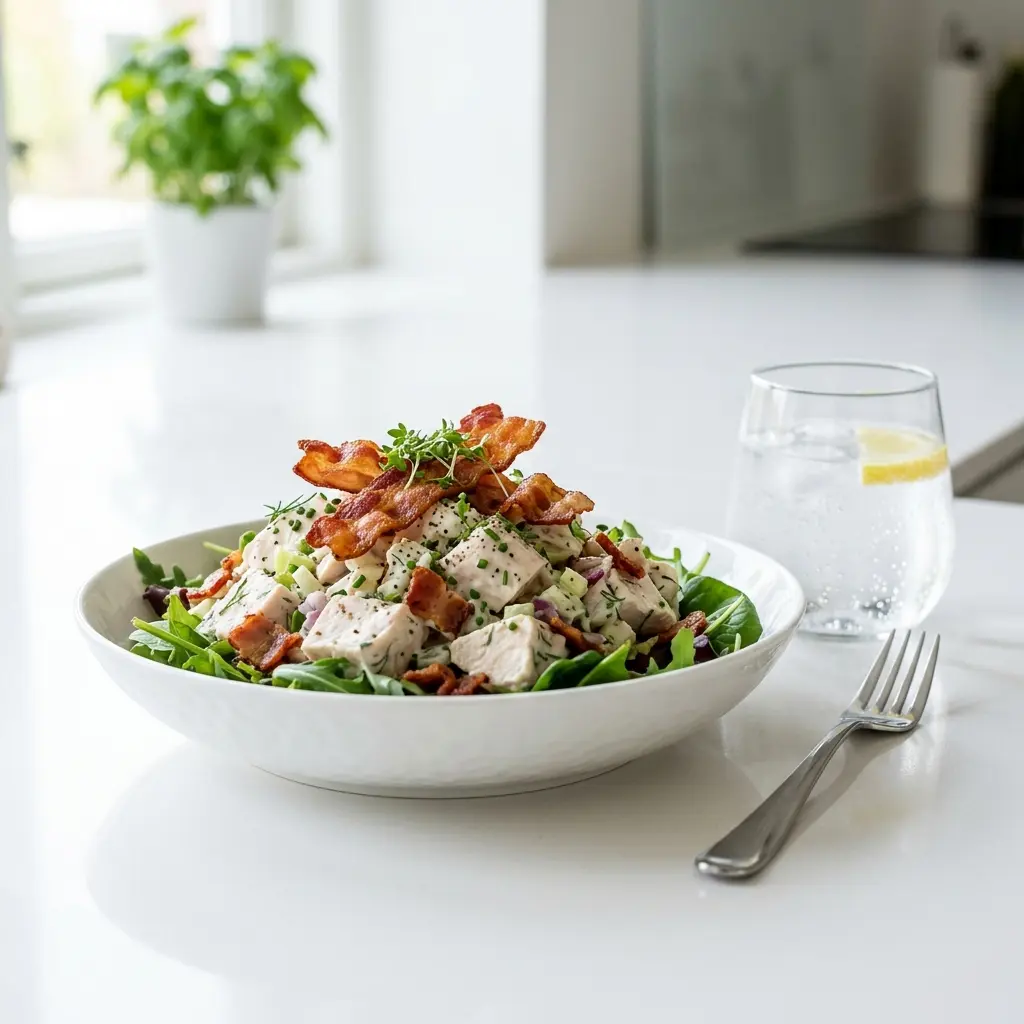 En frisk porsjon kyllingsalat med bacon med ferske råvarer og fin servering