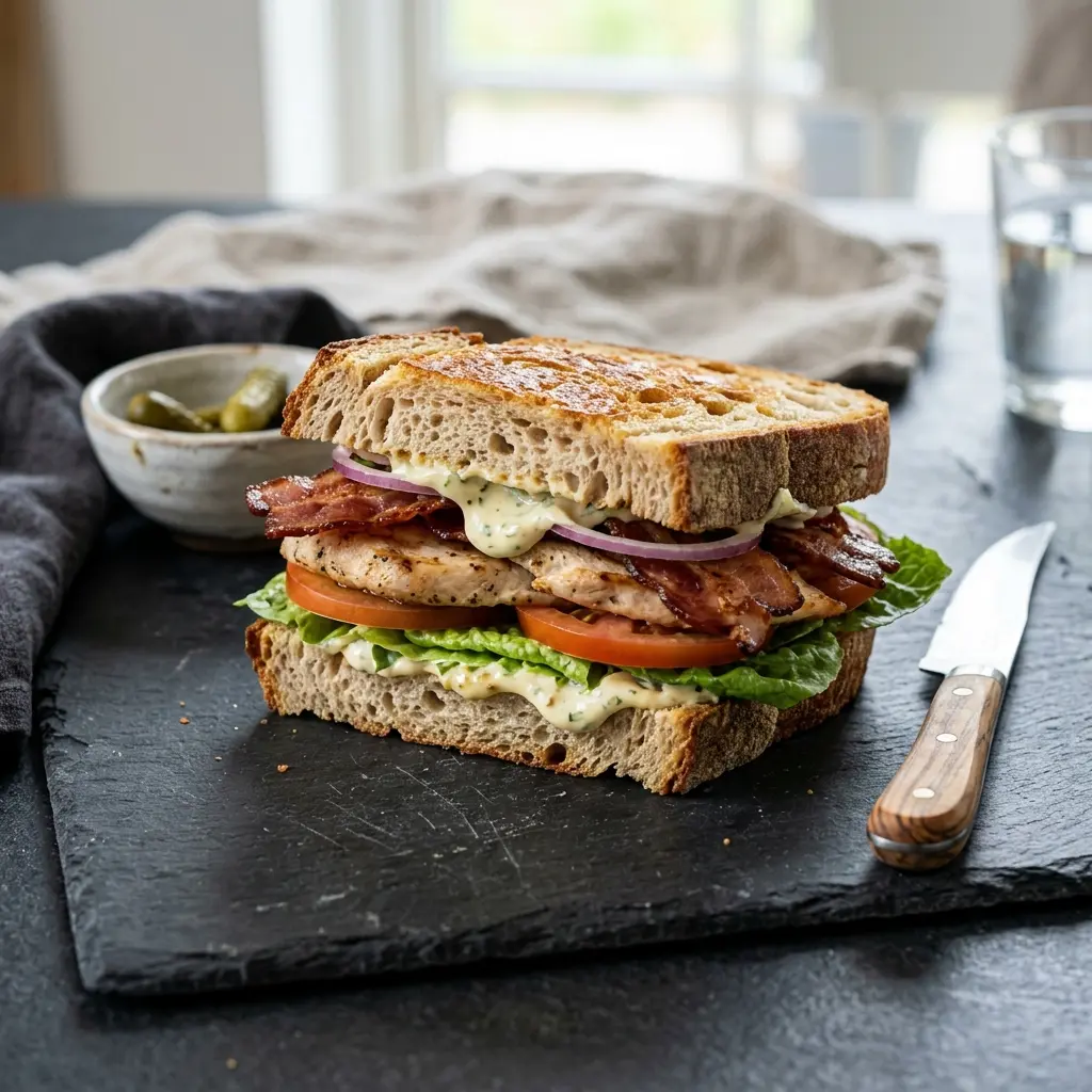 Nylaget kyllingsandwich med bacon servert på en appetittlig og hjemmelaget måte