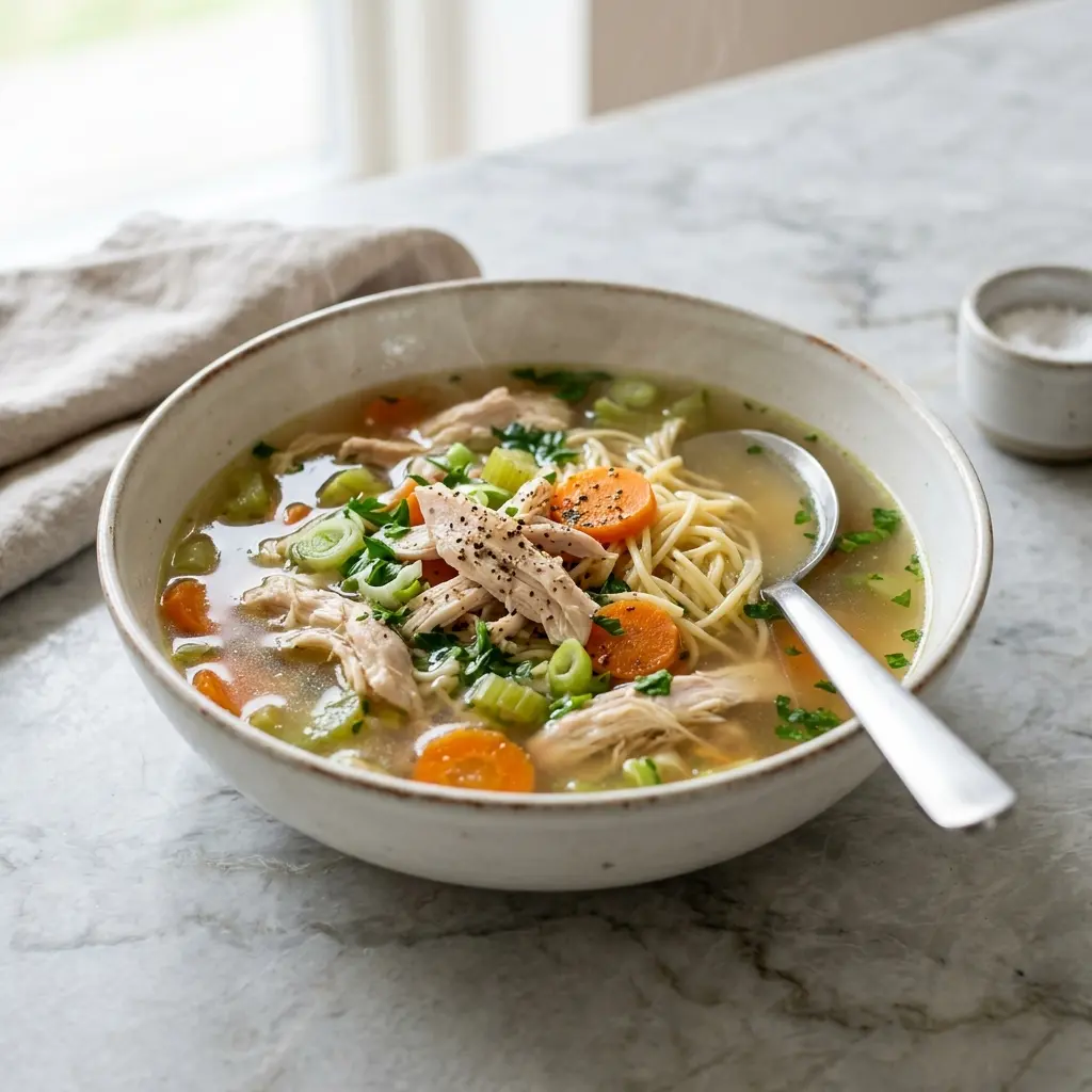En varm porsjon kyllingsuppe med nudler servert på en innbydende måte