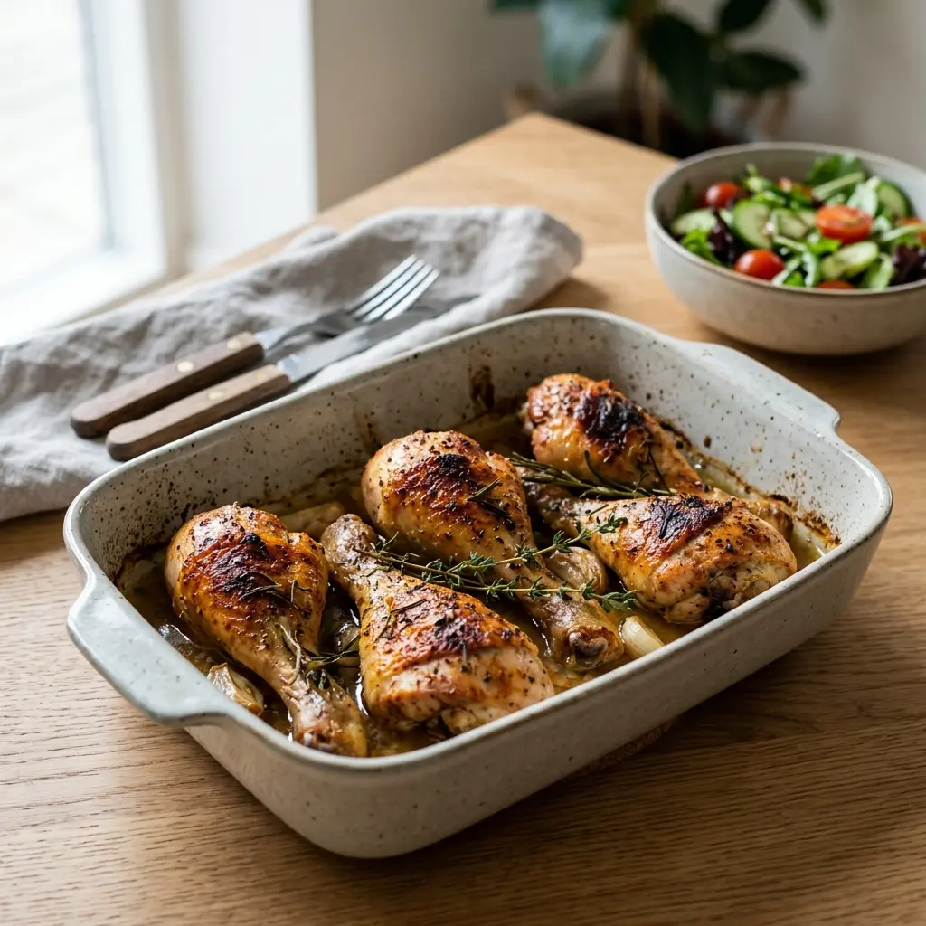 Nylaget kyllingunderlår i ovn servert på en appetittlig og hjemmelaget måte