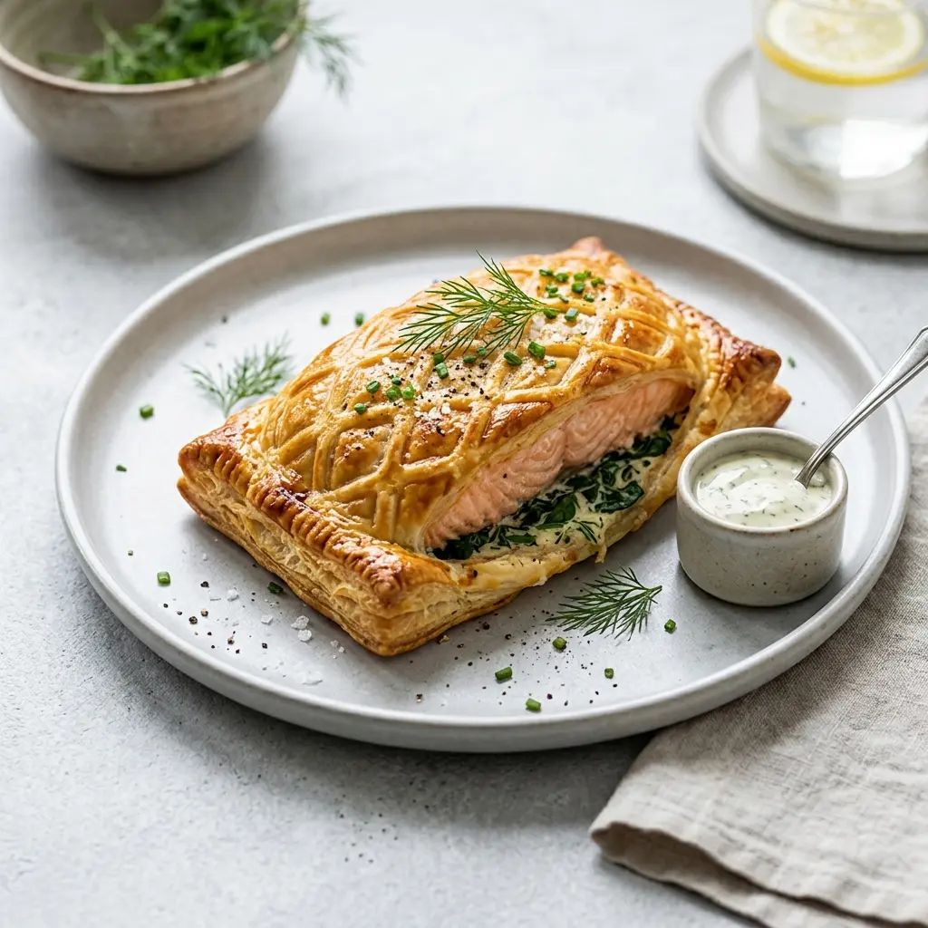 Nylaget laks i butterdeig servert på en appetittlig og hjemmelaget måte