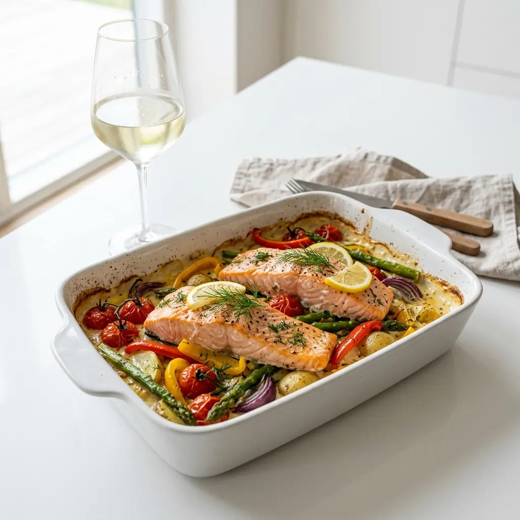 Nylaget laks i form med grønnsaker servert på en appetittlig og hjemmelaget måte