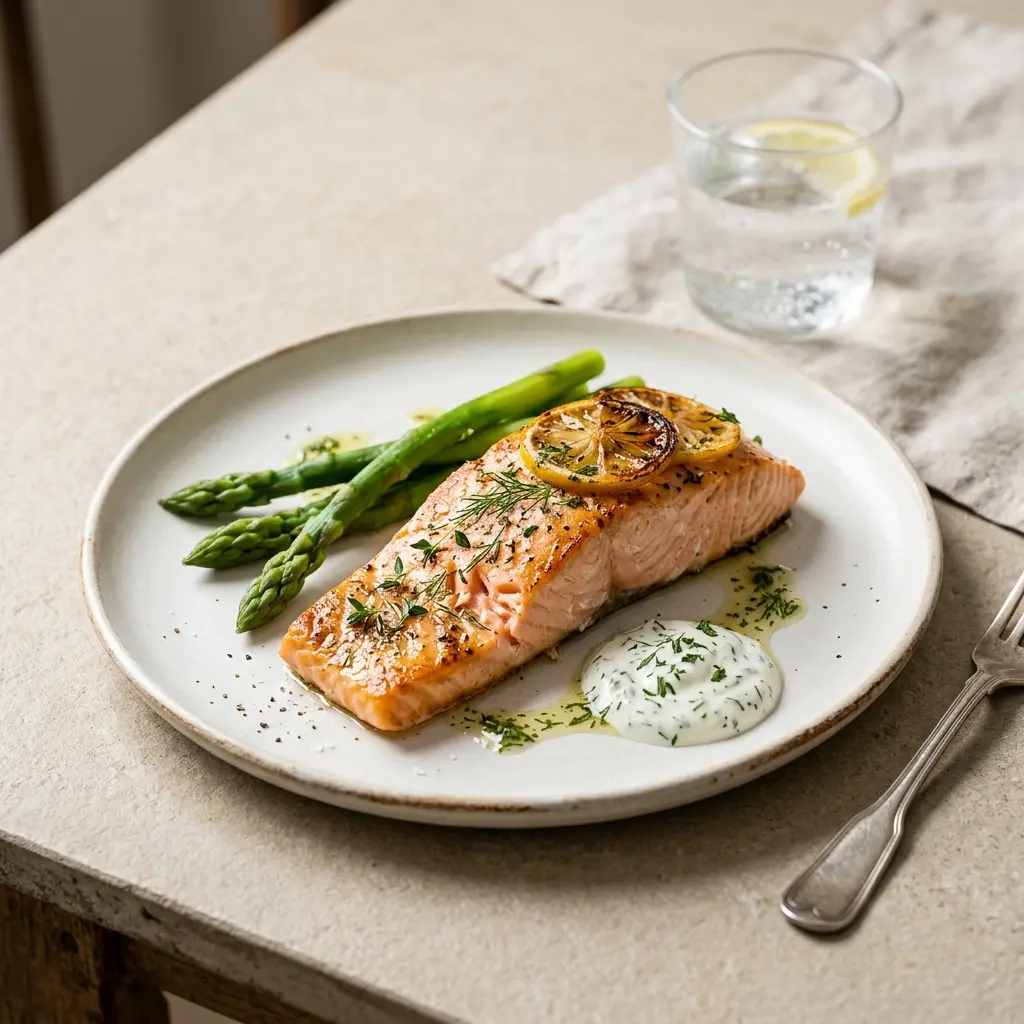 Nylaget laks i ovn servert på en appetittlig og hjemmelaget måte
