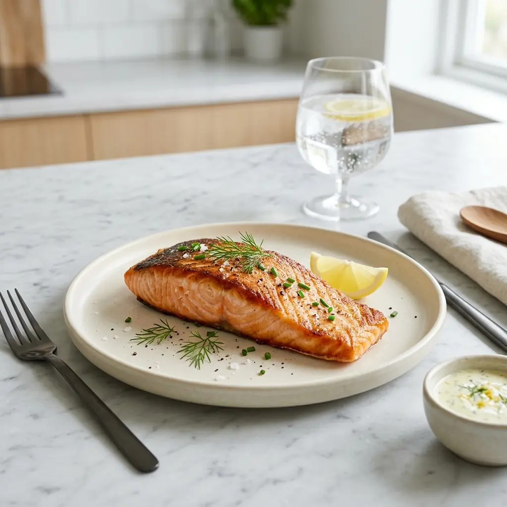 Nylaget laks i stekepanne servert på en appetittlig og hjemmelaget måte