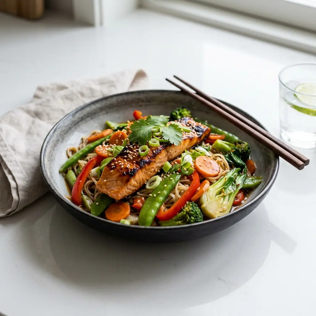 Nylaget laks i wok servert på en appetittlig og hjemmelaget måte