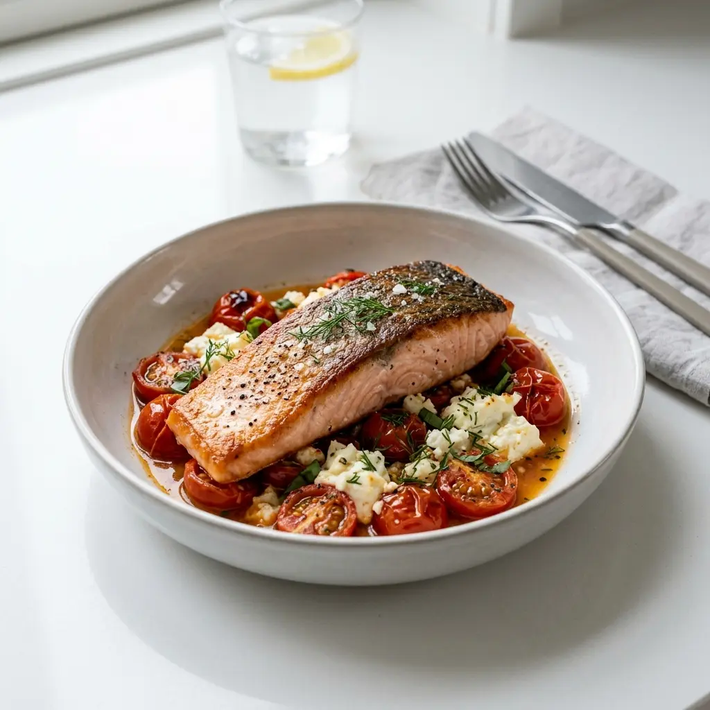 Nylaget laks med feta og tomater servert på en appetittlig og hjemmelaget måte