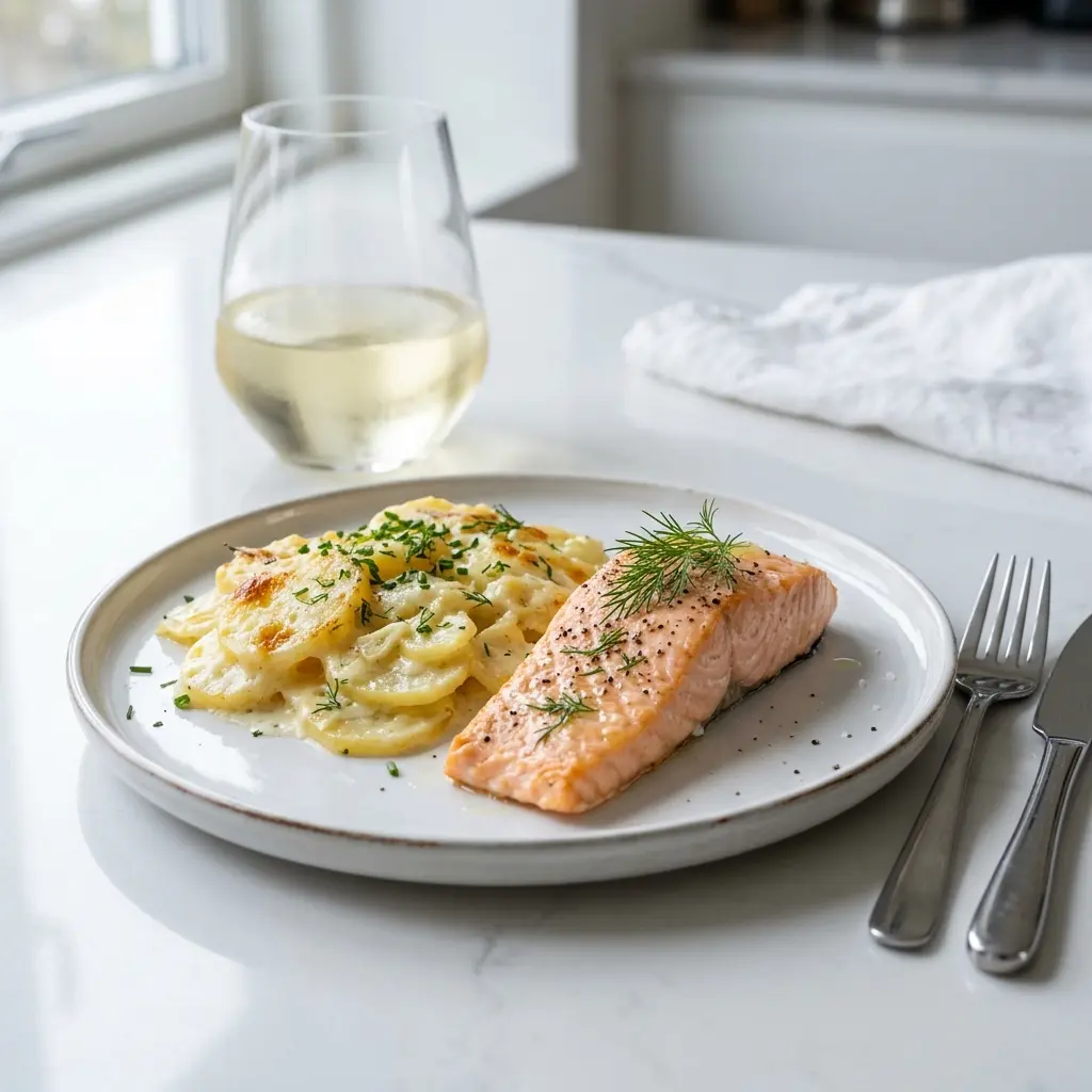 Nylaget laks med fløtegratinerte poteter servert på en appetittlig og hjemmelaget måte