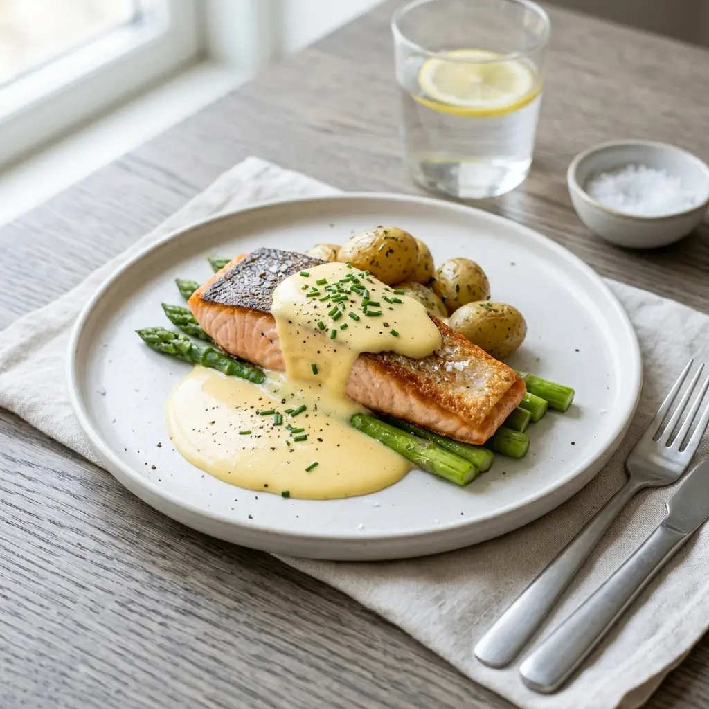 Laks med hollandaisesaus servert ferdig som hjemmelaget rett