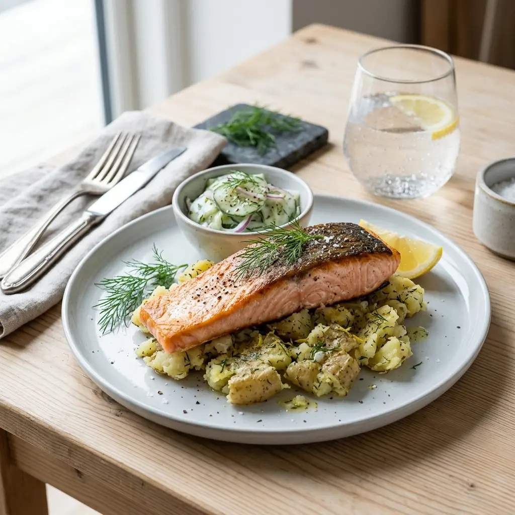Nylaget laks med knuste poteter servert på en appetittlig og hjemmelaget måte