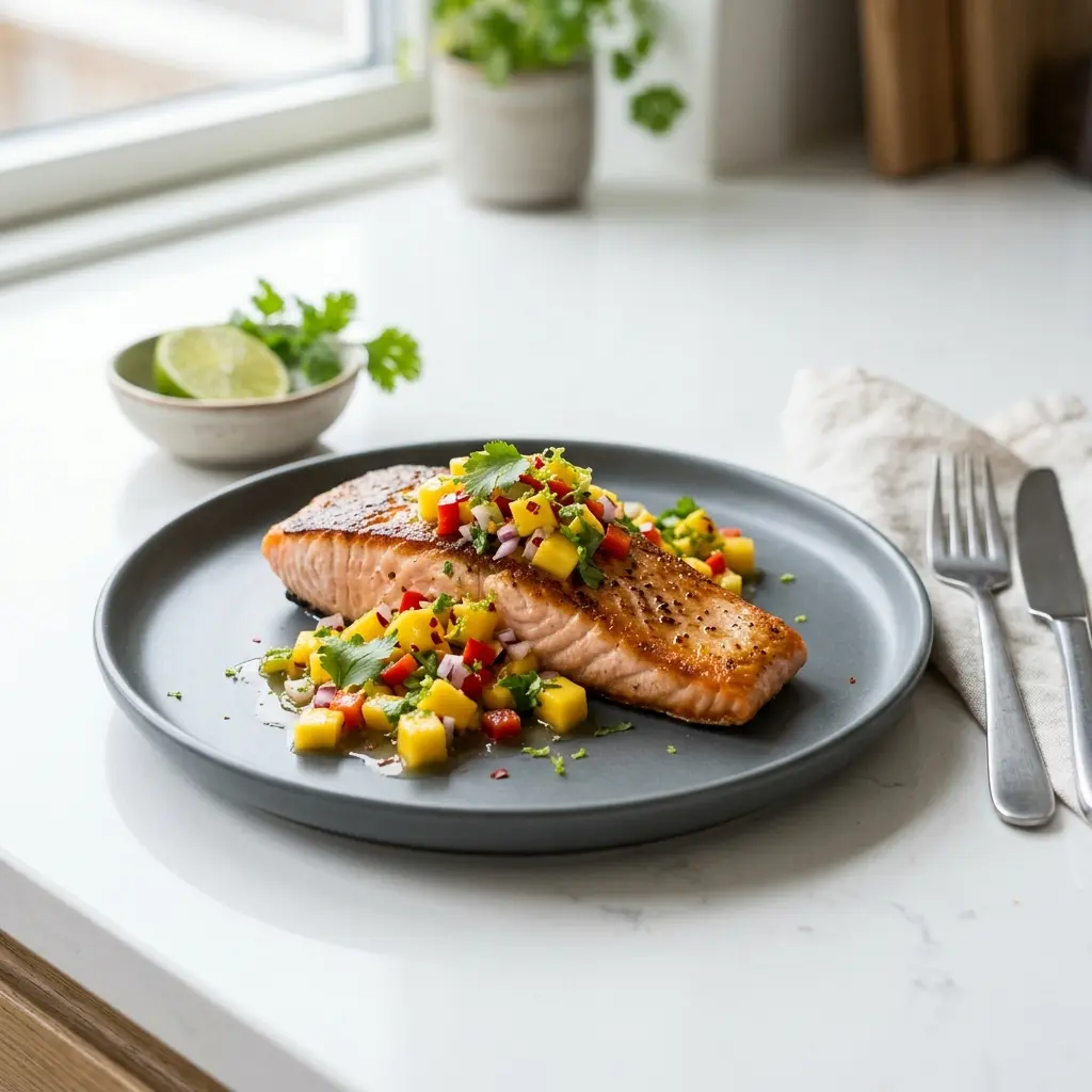 Laks med mangosalsa servert ferdig som hjemmelaget rett