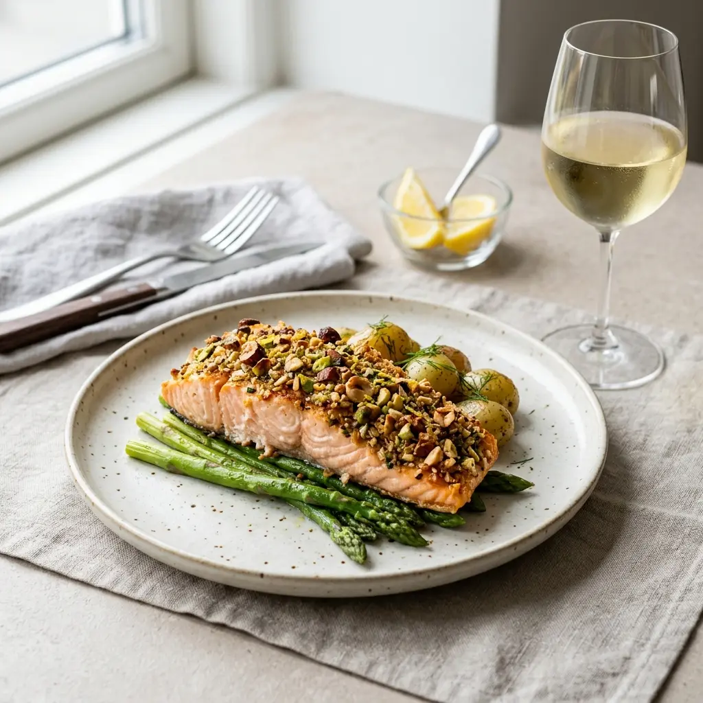 Nylaget laks med nøttecrust servert på en appetittlig og hjemmelaget måte