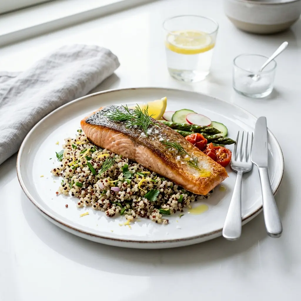 Nylaget laks med quinoa servert på en appetittlig og hjemmelaget måte
