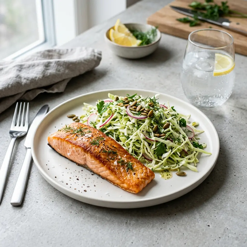 Laks med spisskålsalat servert som frisk salat