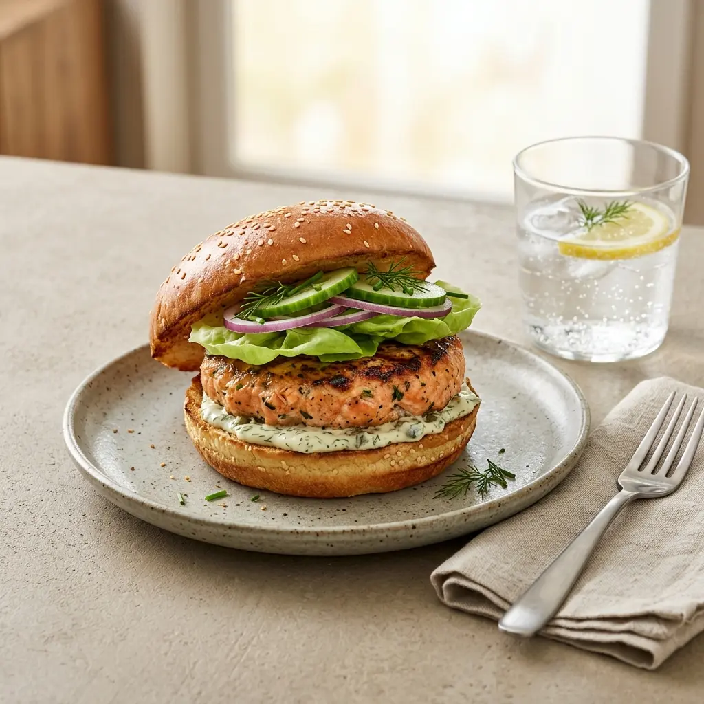 Nylaget lakseburger servert på en appetittlig og hjemmelaget måte