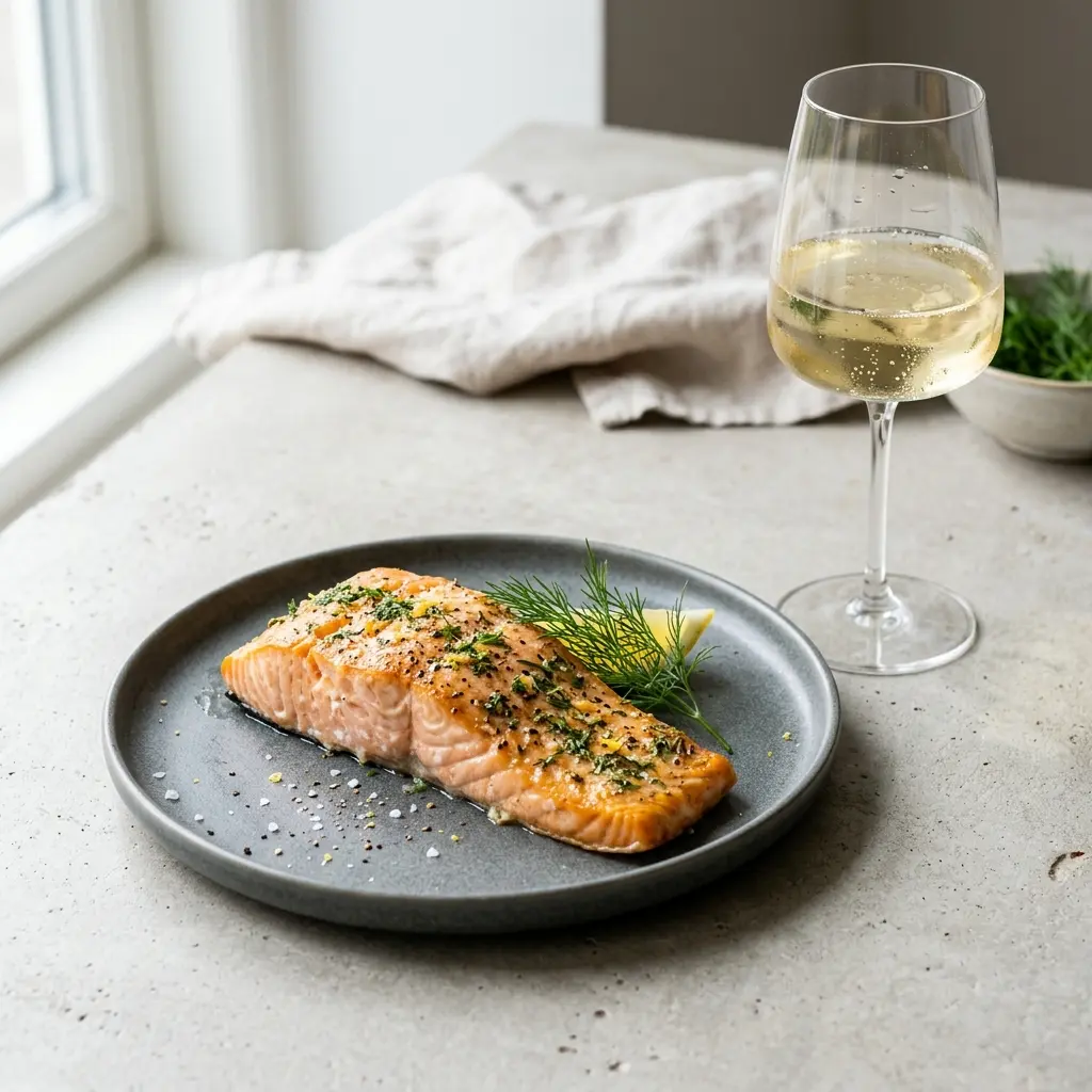 Nylaget laksefilet i ovn servert på en appetittlig og hjemmelaget måte