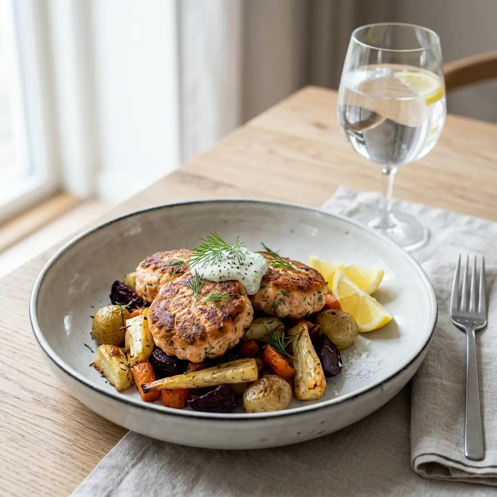 Nylaget laksefrikadeller med rotgrønnsaker servert på en appetittlig og hjemmelaget måte