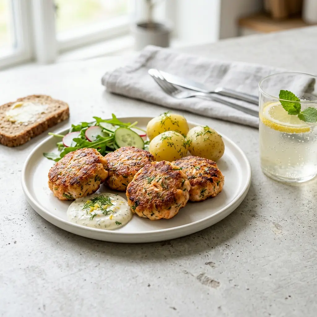 Nylaget laksefrikadeller servert på en appetittlig og hjemmelaget måte