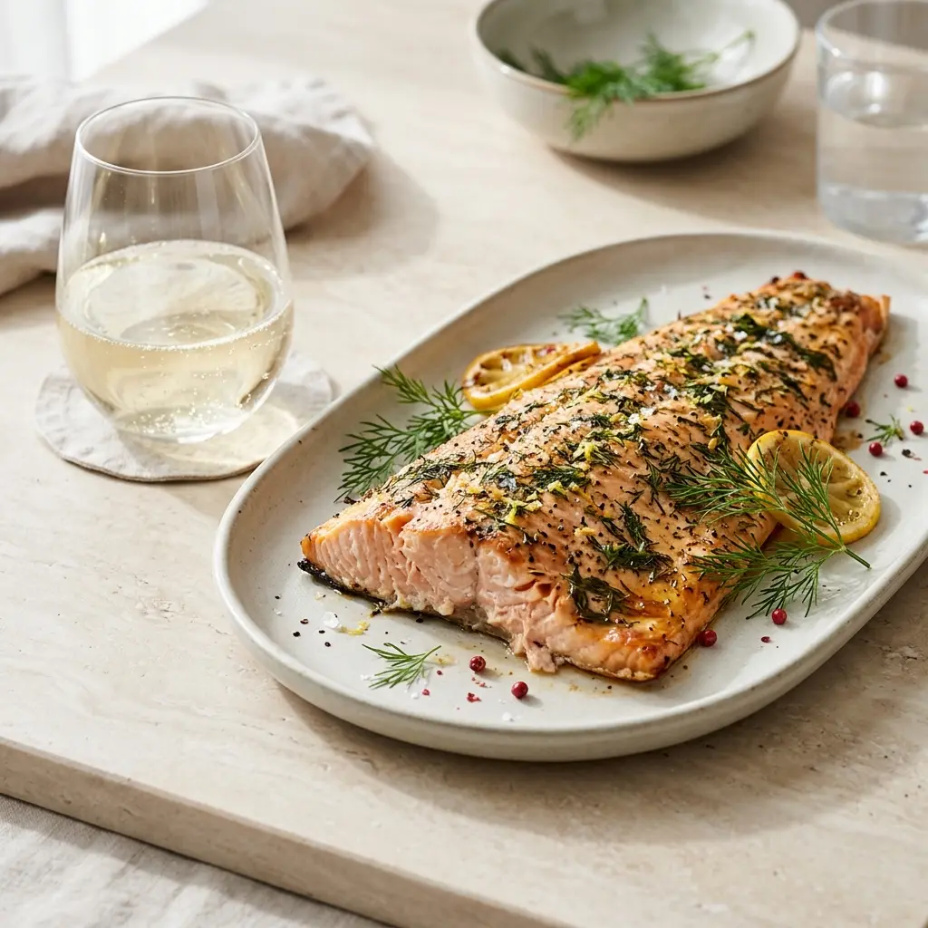Nylaget lakseside i ovn servert på en appetittlig og hjemmelaget måte