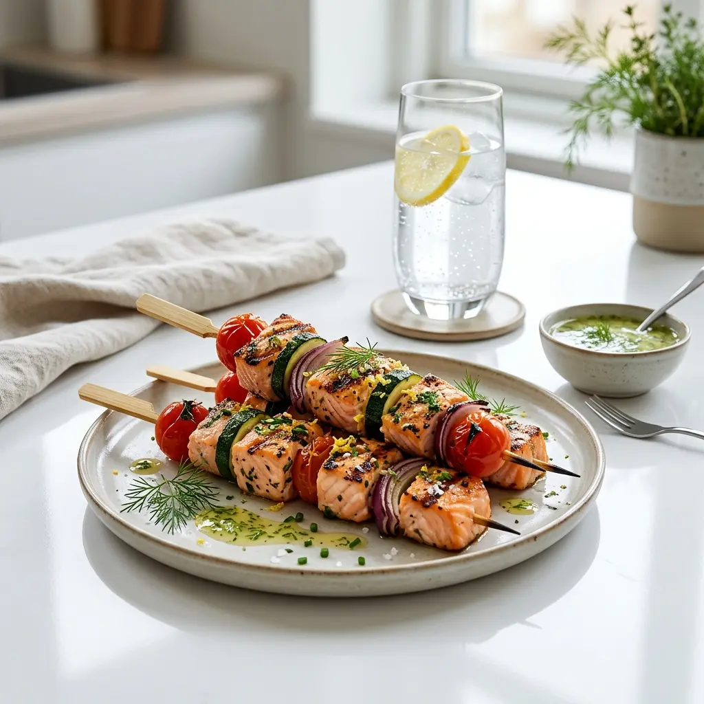 Nylaget laksespyd servert på en appetittlig og hjemmelaget måte