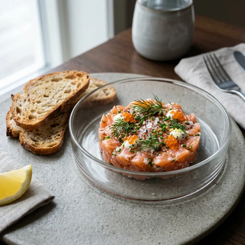 Nylaget laksetartar servert på en appetittlig og hjemmelaget måte