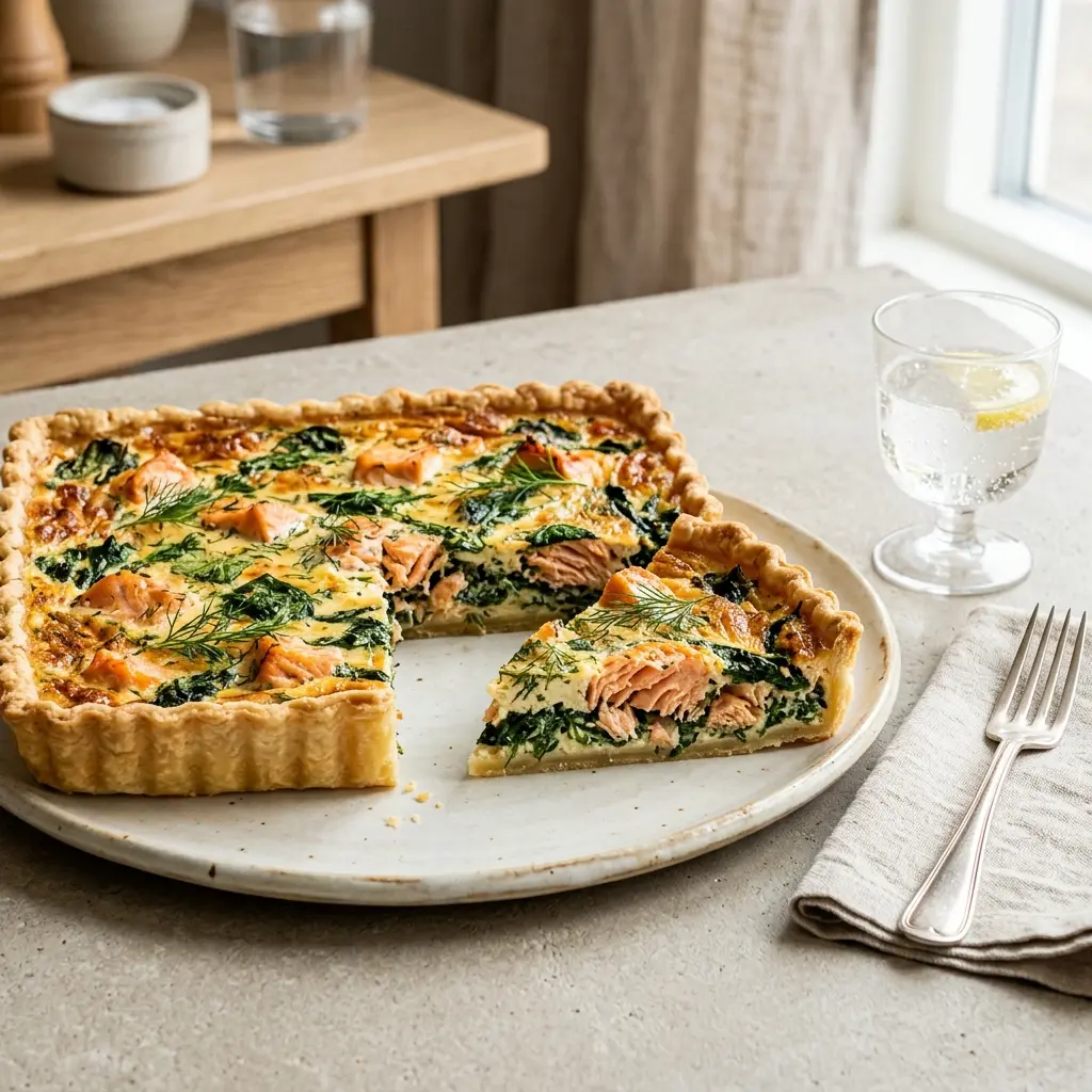 Nylaget lakseterte med spinat servert på en appetittlig og hjemmelaget måte