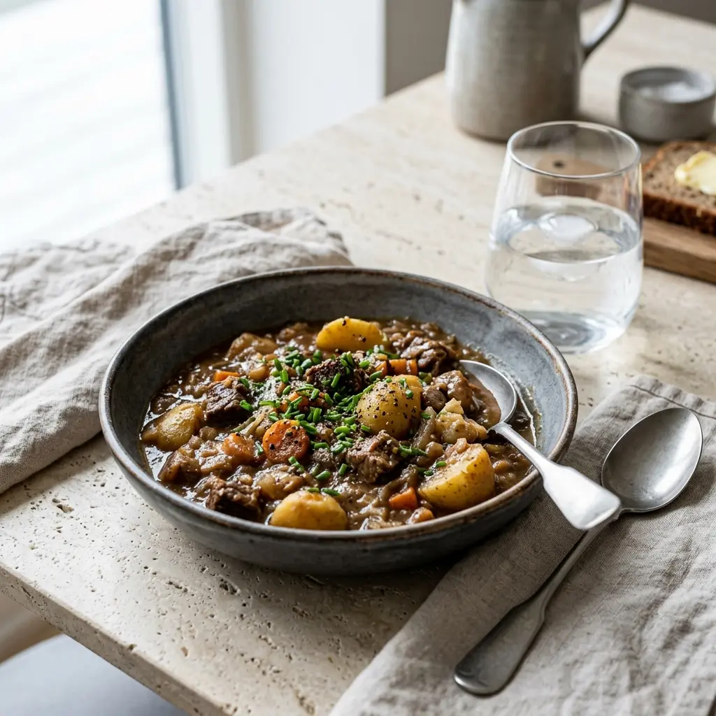 Nylaget lapskaus servert på en appetittlig og hjemmelaget måte