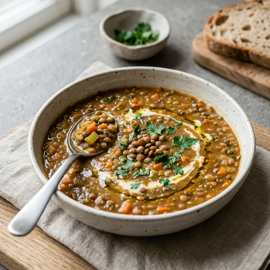 En varm porsjon linsesuppe servert på en innbydende måte