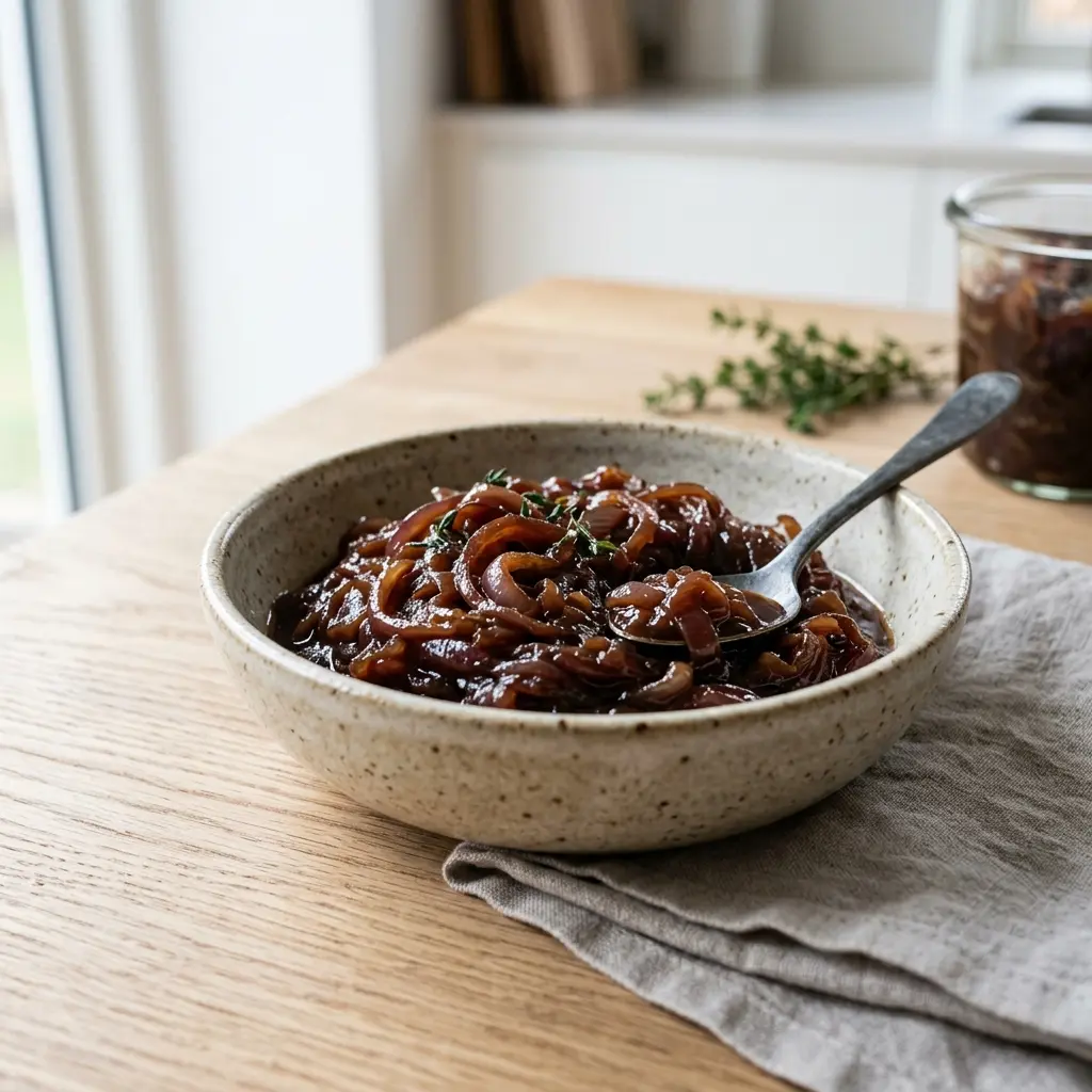 En skål med løkkompott klar til servering som smakfullt tilbehør