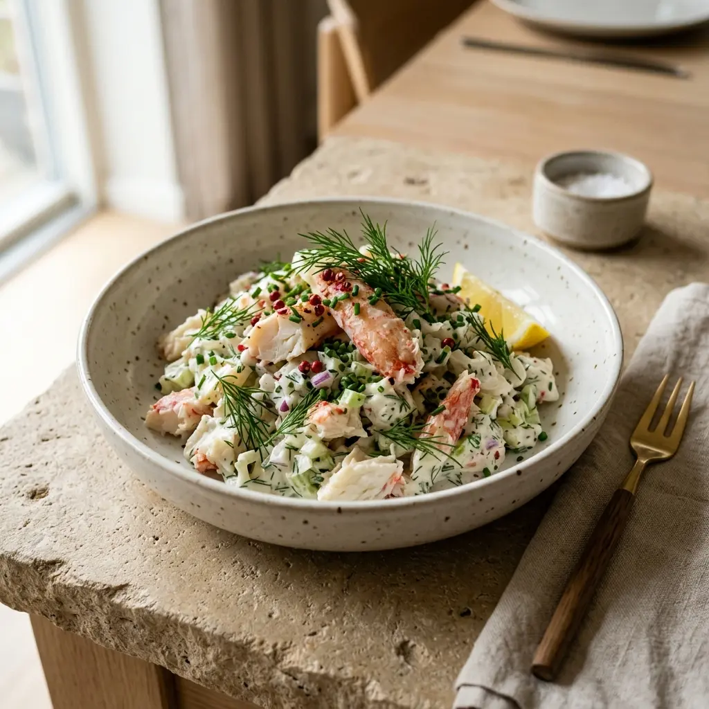 En frisk porsjon luksus krabbesalat med ferske råvarer og fin servering