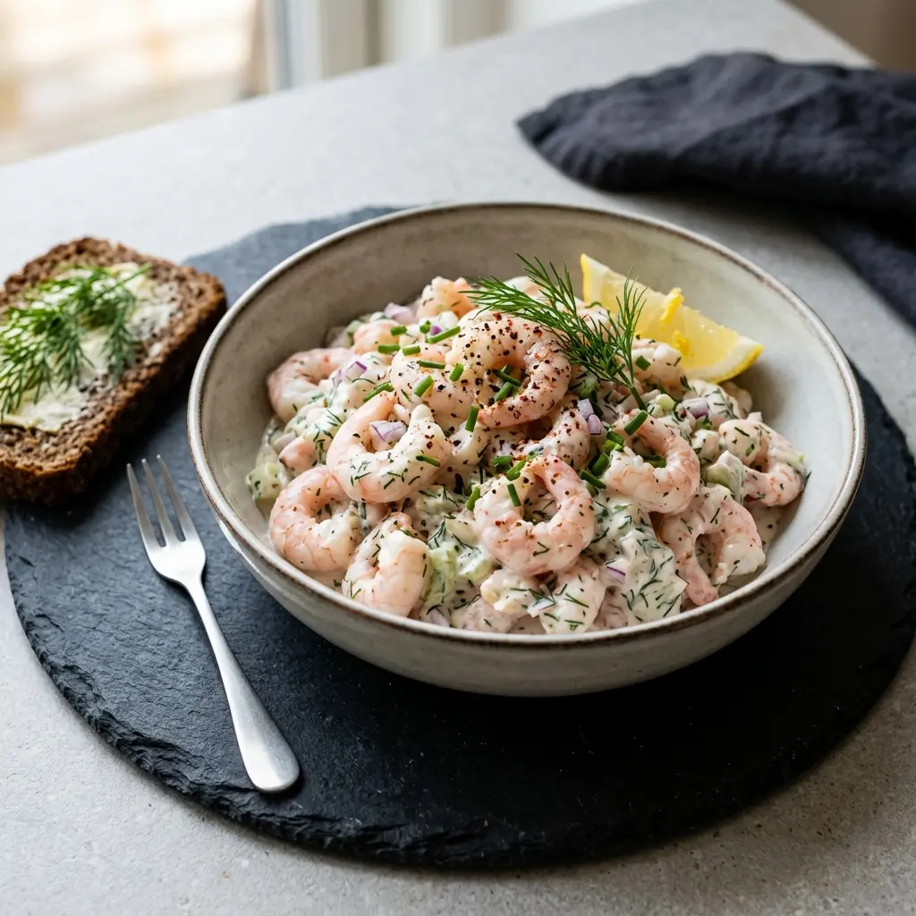 En frisk porsjon luksus rekesalat med ferske råvarer og fin servering