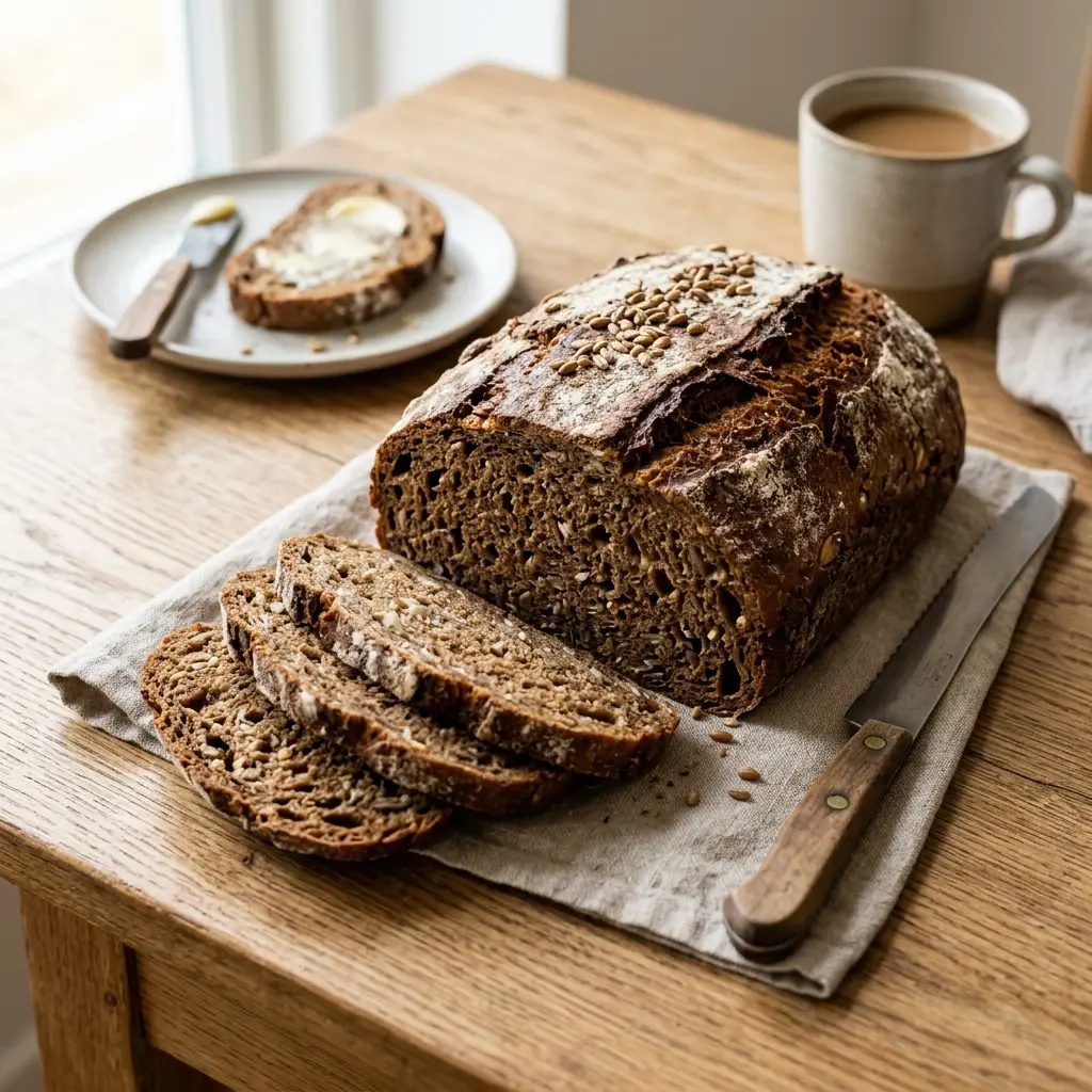 Nybakt maltbrød servert og klar til å nytes