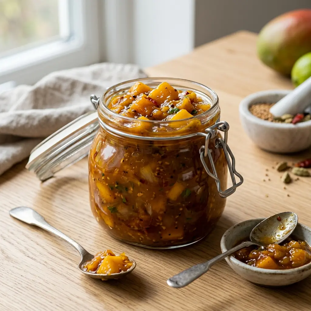 En skål med mangochutney klar til servering som smakfullt tilbehør