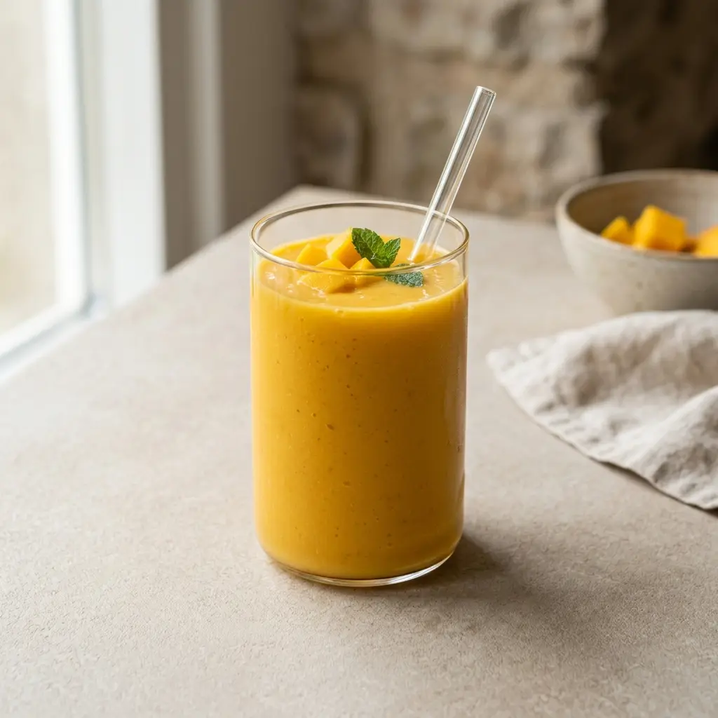 Et glass mangosmoothie servert kaldt og friskt med enkel pynt
