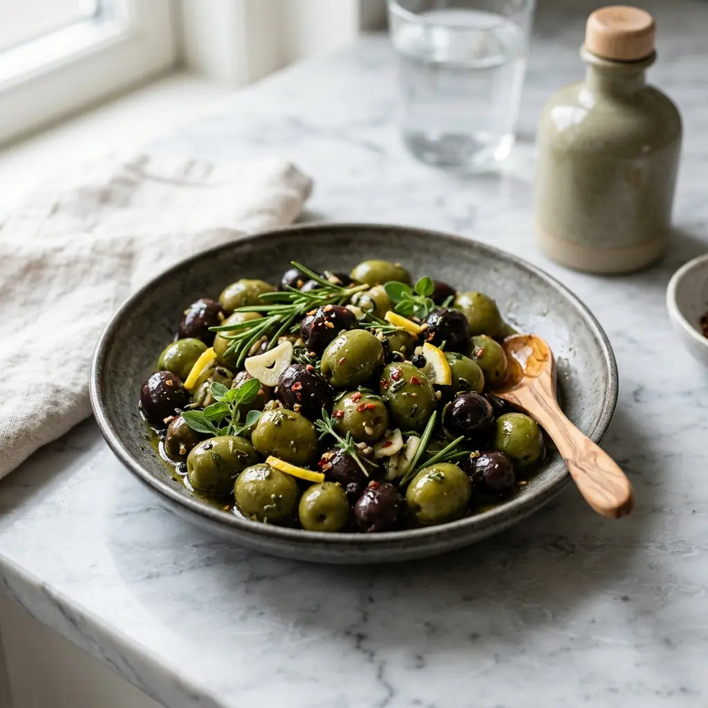 Nylaget marinerte oliven servert på en appetittlig og hjemmelaget måte