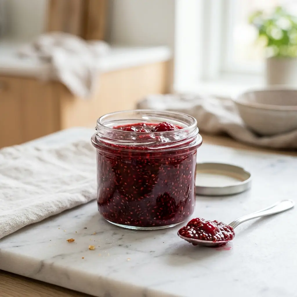 En skål med marmelade med chiafrø klar til servering som smakfullt tilbehør