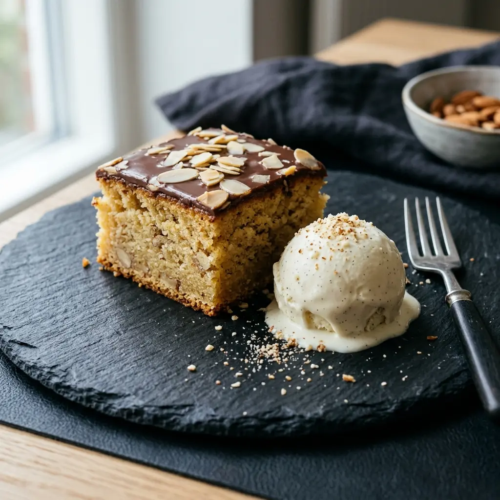 Hjemmelaget mazarinkake med is servert som en søt og innbydende dessert