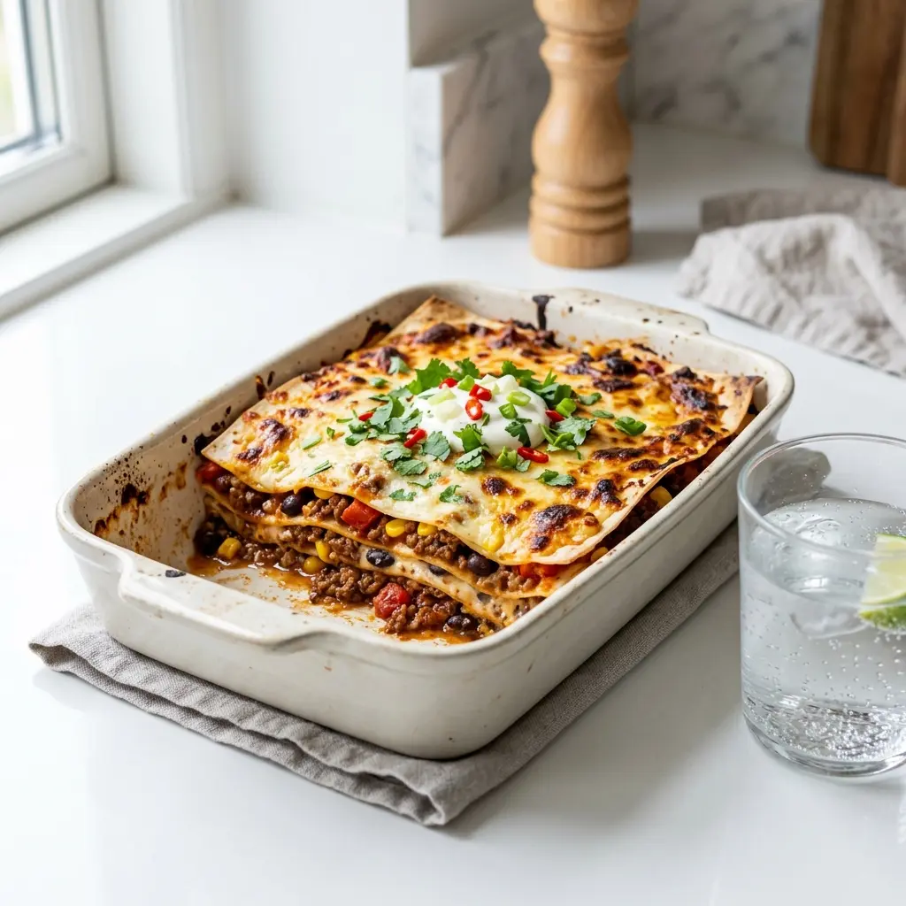 Nylaget meksikansk lasagne servert på en appetittlig og hjemmelaget måte
