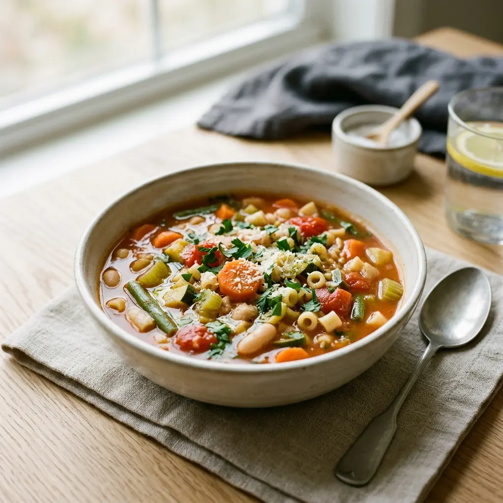 Nylaget minestrone servert på en appetittlig og hjemmelaget måte
