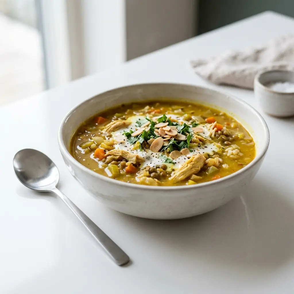 En varm porsjon mulligatawny-suppe med kylling servert på en innbydende måte